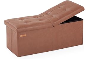 HAUSFRAU 31.5 Inches Ottoman with Storage, Folding Ottoman Bench Small Foot Rest Stool, Bedroom Bench with Flipping Lid, Faux Leather Retro Brown