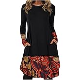 Tunic Dress for Women Casual Crew Neck Long Sleeve Vintage Printed T Shirt Dress Comfy Loose Swing Midi Dress Trendy Pullover