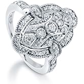 BERRICLE Sterling Silver CZ Navette Statement Cocktail Rings for Women, Art Deco Cubic Zirconia Ring