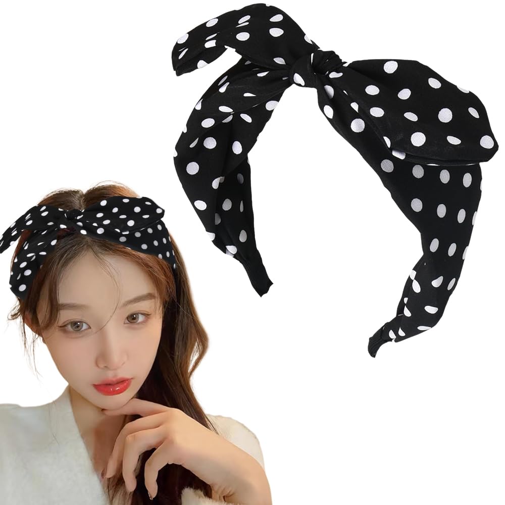 Black Polka Dot Headband for Women and Girls - Vintage Hair Accessories Bands With No Teeth for Thick Thin Hair - Bow Knot Head Band