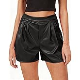 XinYangNi Women's Faux Leather PU Leather Elastic High Wasited Pleated Wide Leg Dressy Shorts