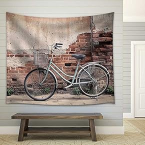 Vintage Bicycle with Old Brick Wall and Copy Space - Fabric Wall Tapestry Home Decor - 51x60 inches