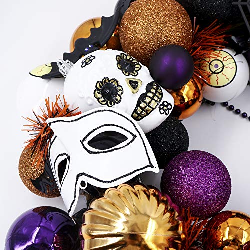 Valery Madelyn 20” Pre-Lit Traditional Halloween Wreath with Spooky Shatterproof Ornaments Including Skulls,Spiders,Eye Balls,Bats and Masks,Rattan Base with 20 LED Lights,Remote and Timer Included