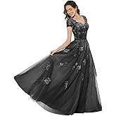 GUKARLEED Women’s Cap Sleeve Tulle Mother of The Bride Dresses Lace Appliques Formal Dress V Neck Floral Wedding Guest Dress