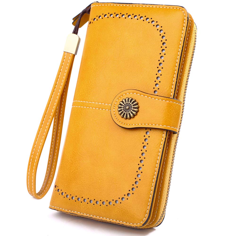 MEEGIRL Leather Purses for Women with Multi Card Slots and Wrist Strap (Yellow)