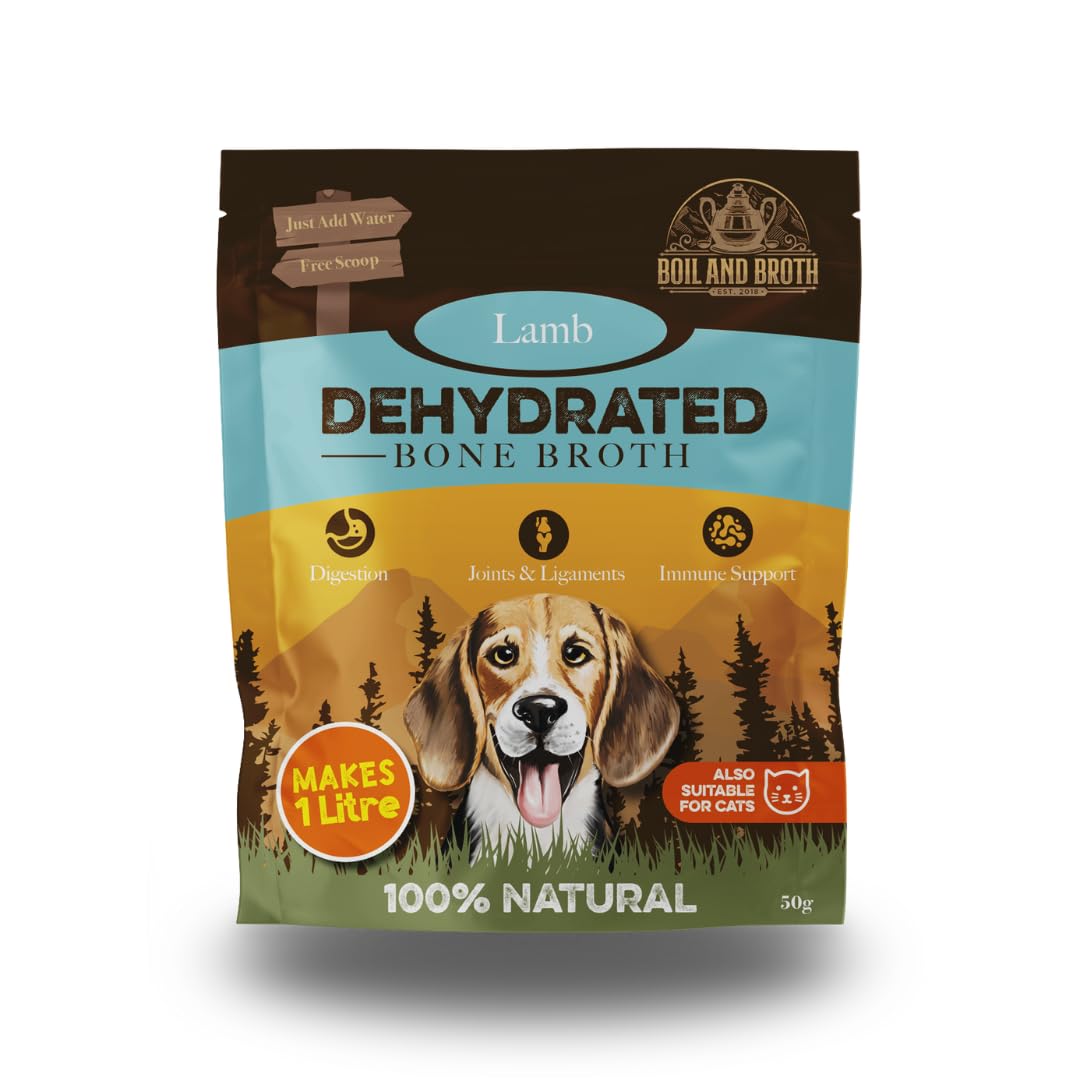 Boil and Broth Dehydrated Lamb Broth for Dogs, 50g resealable pouch. Makes 1L