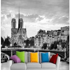 ZJfong Papel pintado HD Blanco y negro París Notre Dame Escena nocturna