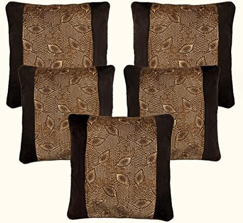 Belive-Me Velvet Leaves Printed Brown Cushion Covers 16x16 inch Set of 5 (16 inch x 16 inch x 40 cm x 40 cm, Brown)