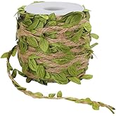Tenn Well Burlap Leaf Ribbon, 66 Feet 5mm Natural Jute Twine Ribbon with Artificial Leaves for Crafts, Wedding, Jungle Safari Party, Baby Shower Decor, Home Decor