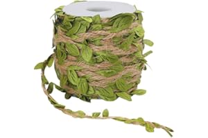 Tenn Well Burlap Leaf Ribbon, 66 Feet 5mm Natural Jute Twine Ribbon with Artificial Leaves for Crafts, Wedding, Jungle Safari Party, Home Decorations