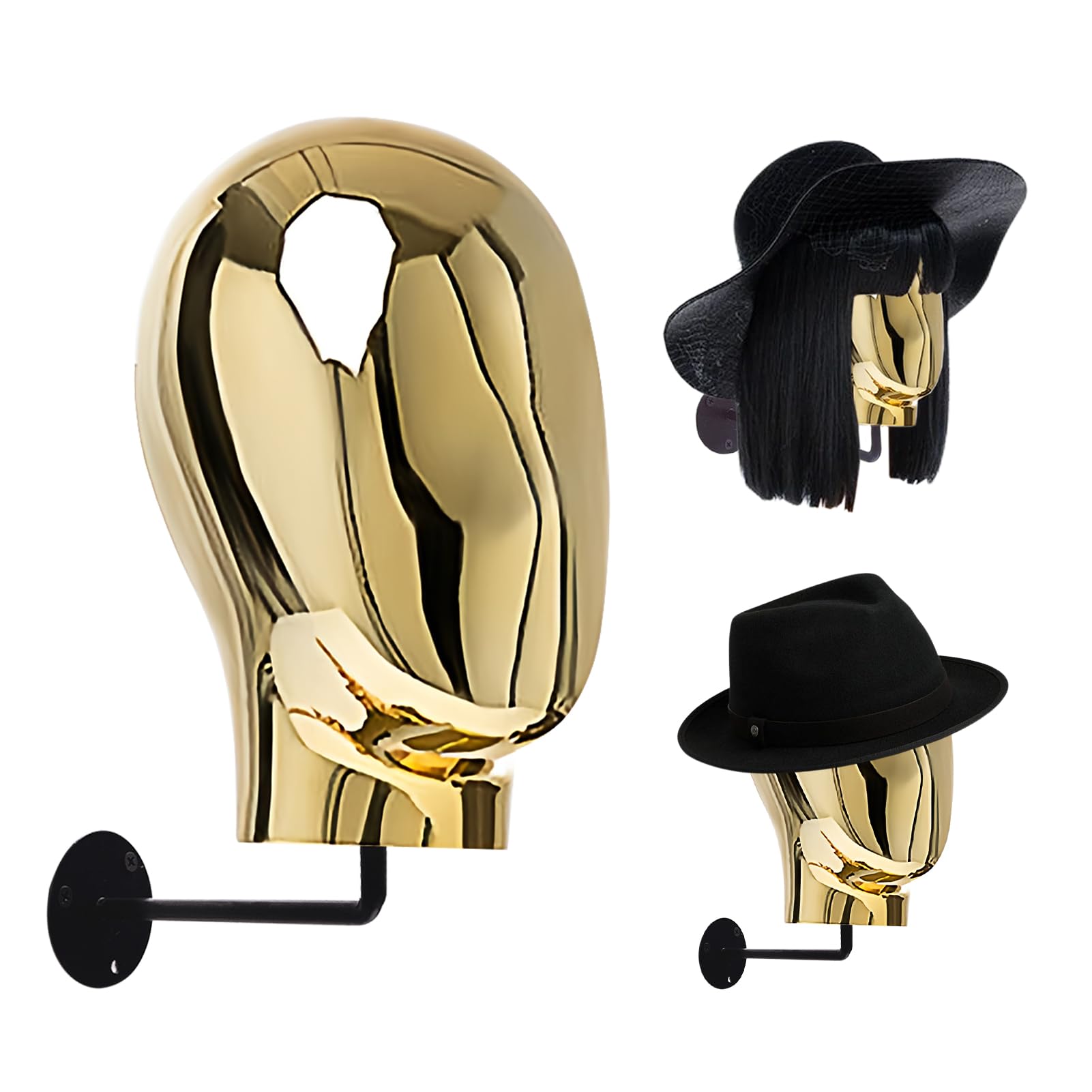 TINGSING Wall Mount Mannequin Head Wig Stand Chrome Wig Holder Hanging Detachable Wig Head Stand, Hat Display Stand Manikin Head Block for Wigs, Hats, Headwear, Head Circumference 52cm/20inch