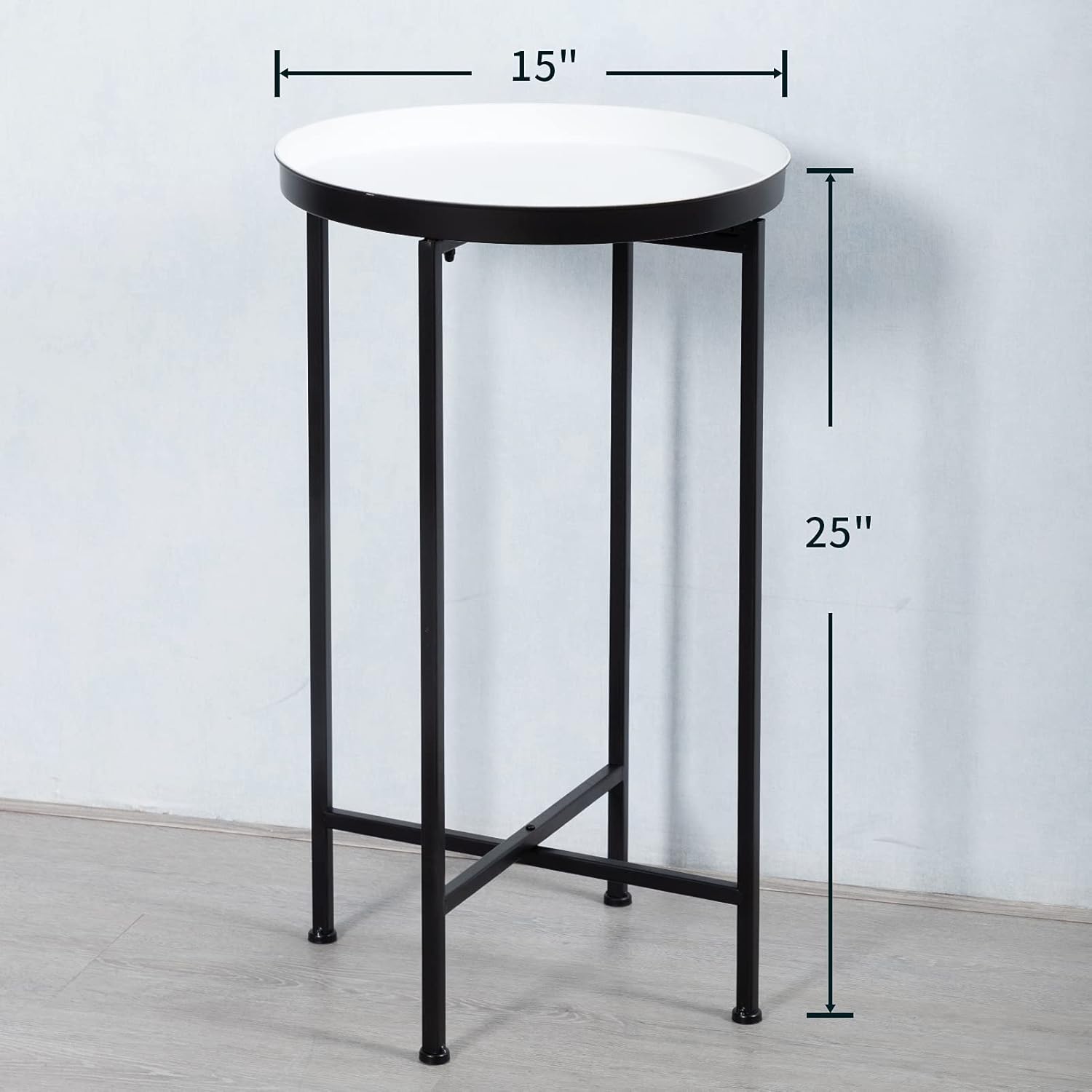 HollyHOME Small Round Metal Waterproof End Table, Accent Indoor&Outdoor Coffee Side Table, Snack Sofa Table for Living Room, Anti-Rust Decorative Plant Stand, (D) 14.5" x (H) 25", Black/White: Kitchen & Dining