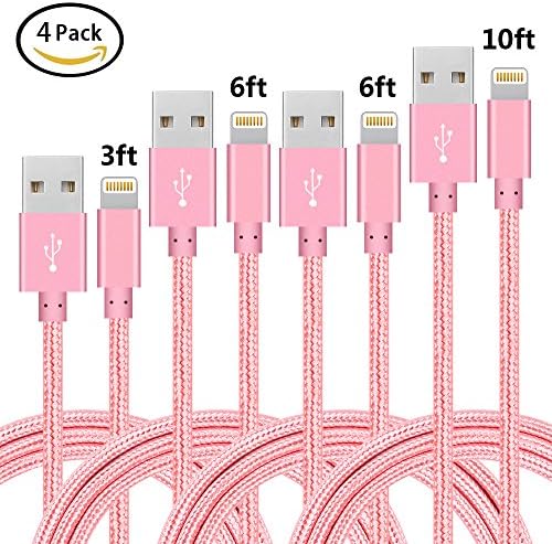 Lightning Cable,NANMING 4 Pack 3FT 6FT 6FT 10FT Nylon Braided iPhone Lightning Charging Cable Support iPhone 8/X 7/7 Plus/6/6s/6 Plus/6s Plus, iPad Pro/Air/mini,iPod and more.(Rose)