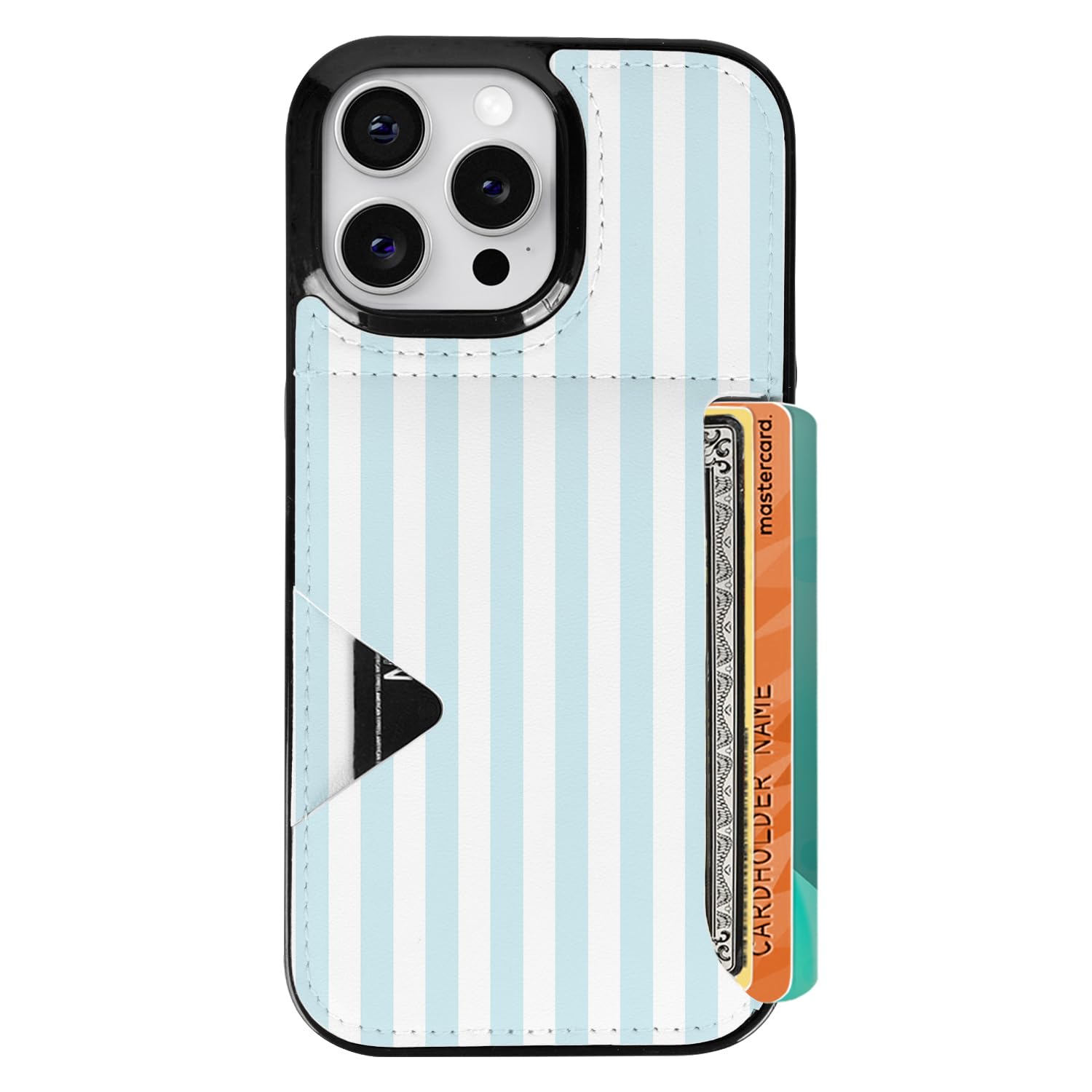 uCOLOR for iPhone 16 Pro Case with Card Holder- Slim Leather Wallet Case Credit Card Holder Drop Protective Hidden Card Slot Cover for Women Man (Blue Stripes, iPhone 16 Pro)