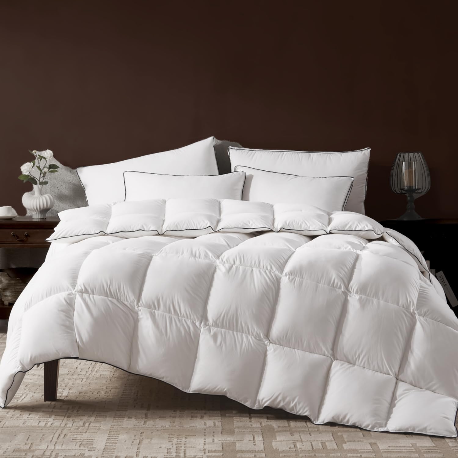 Photo 1 of Richtry Goose Feather Down Fiber Comforter Full Size, Fluffy Cotton Quilted White Duvet Insert, Ultra-Soft, Breathable, Luxury Bedding Comforter All Season Medium Warmth with Corner Tabs, 82x 86Inch