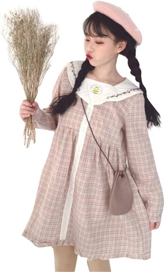 Amazon 森ガールワンピース長袖春秋シャツワンピース セーラー襟 かわいい 刺繍 格子膝丈大きいサイズ シャツワンピース大人学生 写真色 コート ジャケット 通販