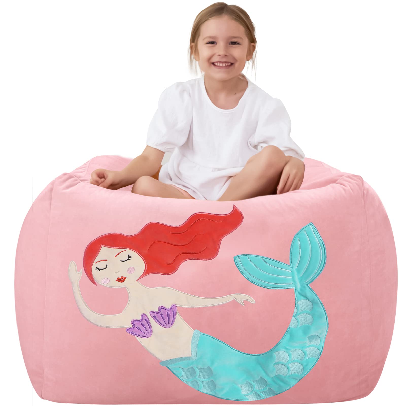 Unicorn Stuffed Animal Storage Bean Bag Chair for Kids, Velvet Extra Soft Beanbag Chairs Cover, X-Large Stuffable Zipper Bean Bag for Organizing Plush Toys Girls Bedroom Decor, Pink
