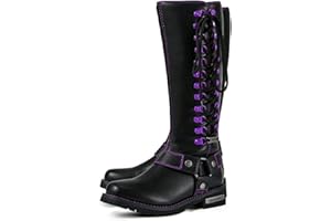 RIDERVIBE Motorcycle Boots for Women with Full Size Zipper & Lace Details, Black Motorcycle Riding Boots for Ladies with Heel, Classic Harness Design, Mid Calf
