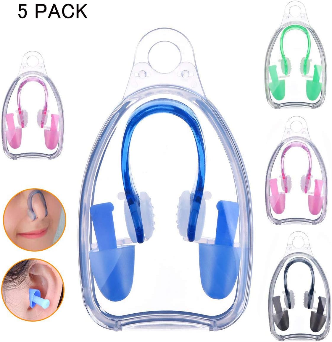 TsLinc 5 PCS Swimming Nose Clips and 10 PCS Earplugs Set Silicone Swim Training Protector Plug for Swimming Adults Kids Beginner (Black/Pink/Green/Blue)