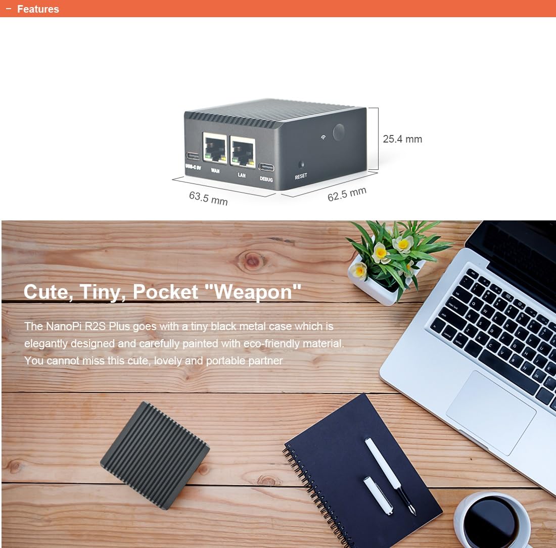youyeetoo FriendlyElec Nanopi R2S Plus Mini Router, 1GB DDR4, 32GB eMMC, RK3328 Soc, OpenWRT with Dual-Gbps Ethernet, for IOT NAS Smart Home Gateway, Portable Travel (R2S Plus WiFi Combo)