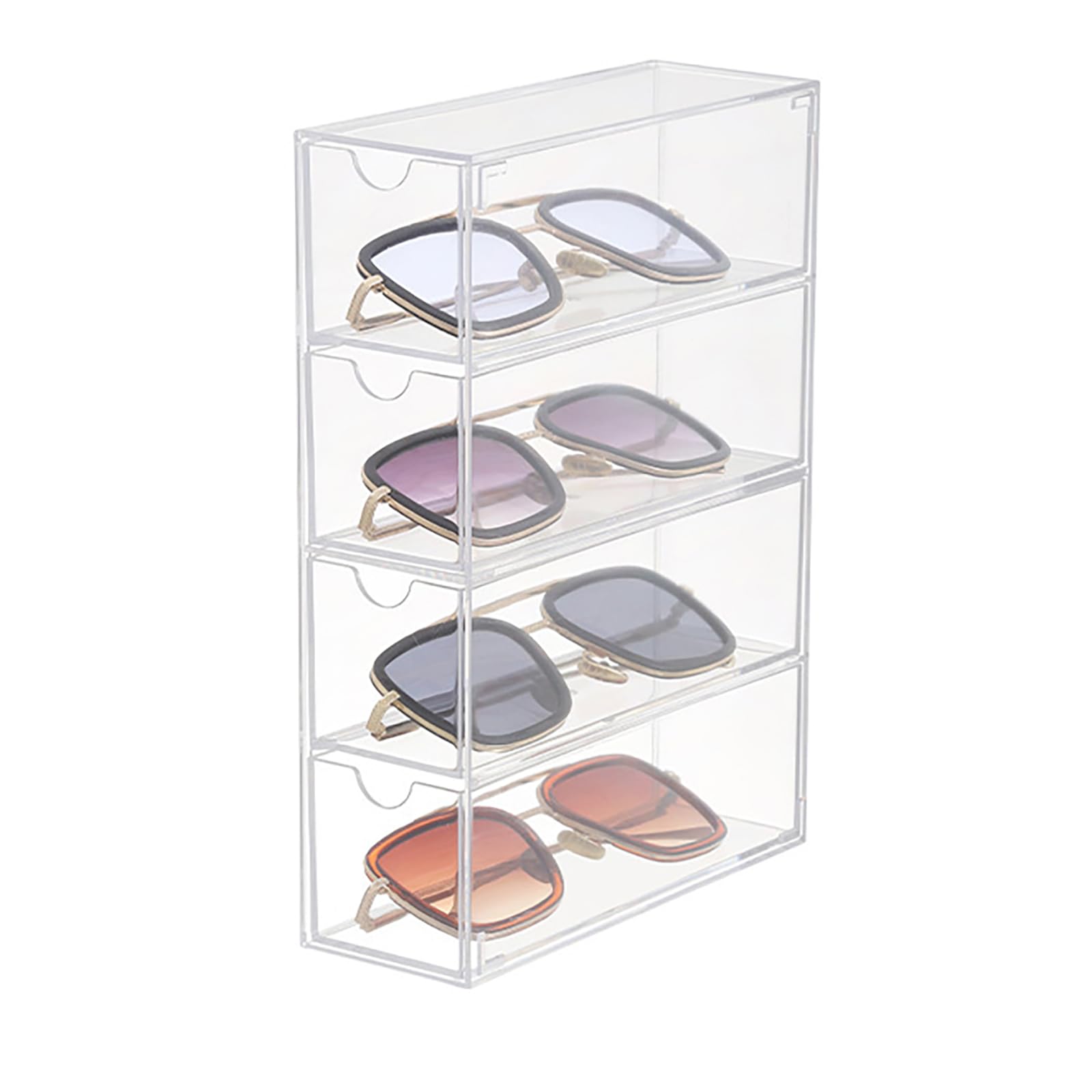 NCONCO Sunglasses Organizer Box with 4 Drawers, Clear 4 Tier Stackable Storage Organizer for Eyeglasses, Sunglasses, Reading Glasses, Makeup Brushes, Pencils, Jewelry, Lipsticks