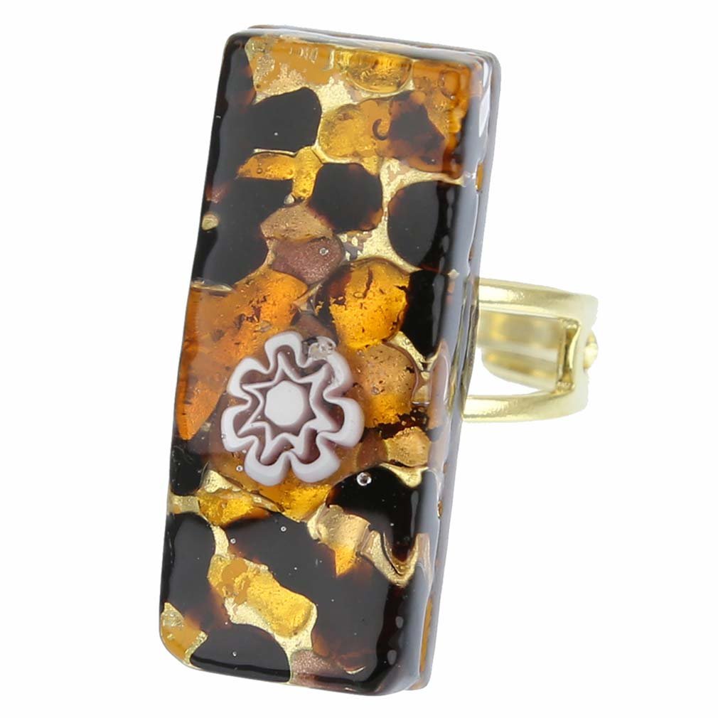 Glass Of Venice Murano Glass Venetian Reflections Rectangular Adjustable Ring - Topaz Gold
