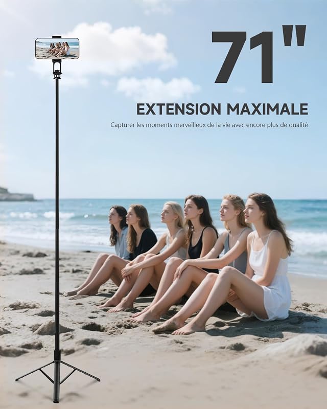 180cm Trepied Smartphone & Perche a Selfie, Trepied Telephone Portable Rétractable en Aluminium avec Télécommande sans Fil pour iPhone/Samsung/Android/Caméra