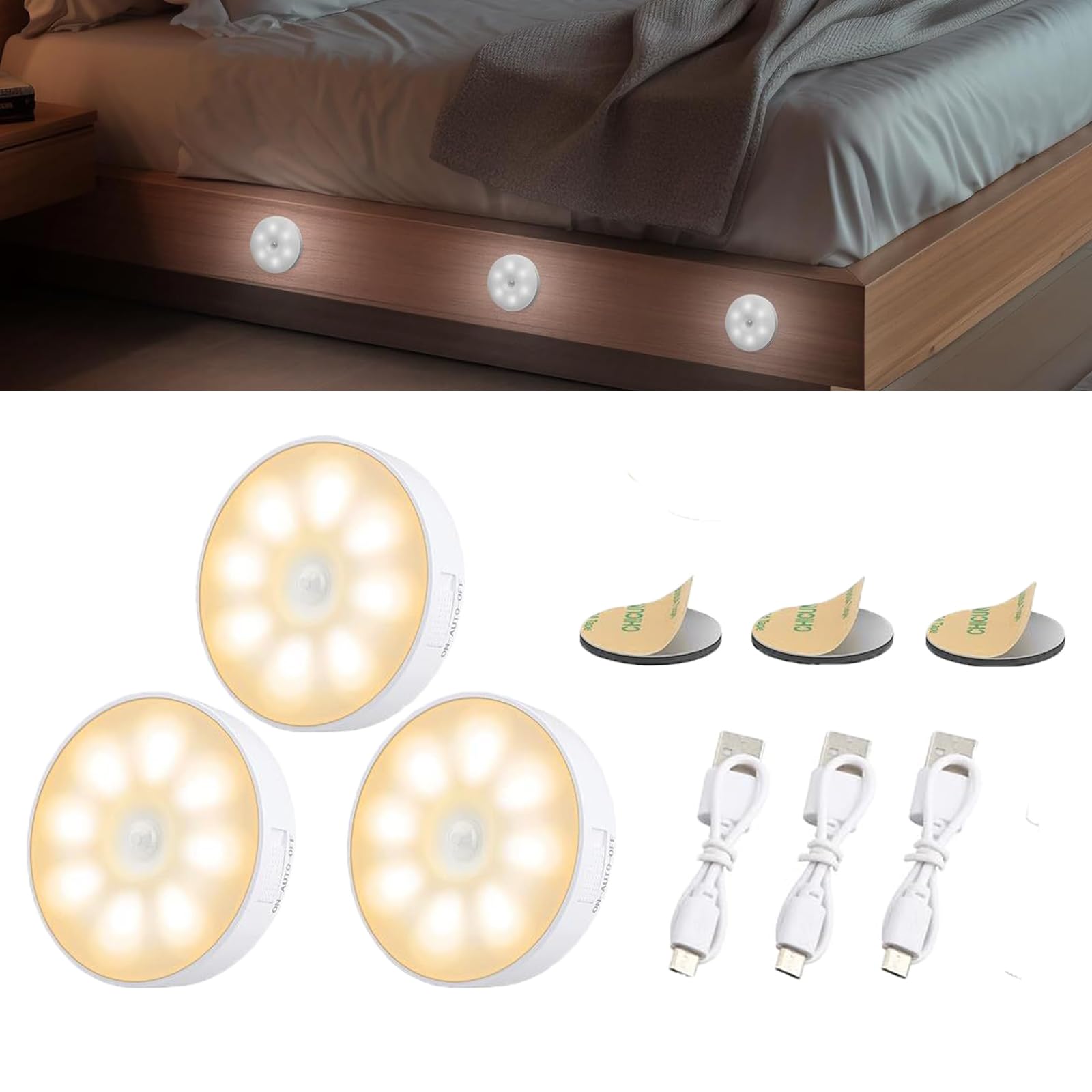 Gudemoore 3 Pack Motion Sensor Lights Indoor, Wireless Under Cabinet Lighting, Motion Sensor LED Cabinet Lights Rechargeable for Stairs, Bathrooms, Hallways, Closets, Kitchens, Under Cabinets