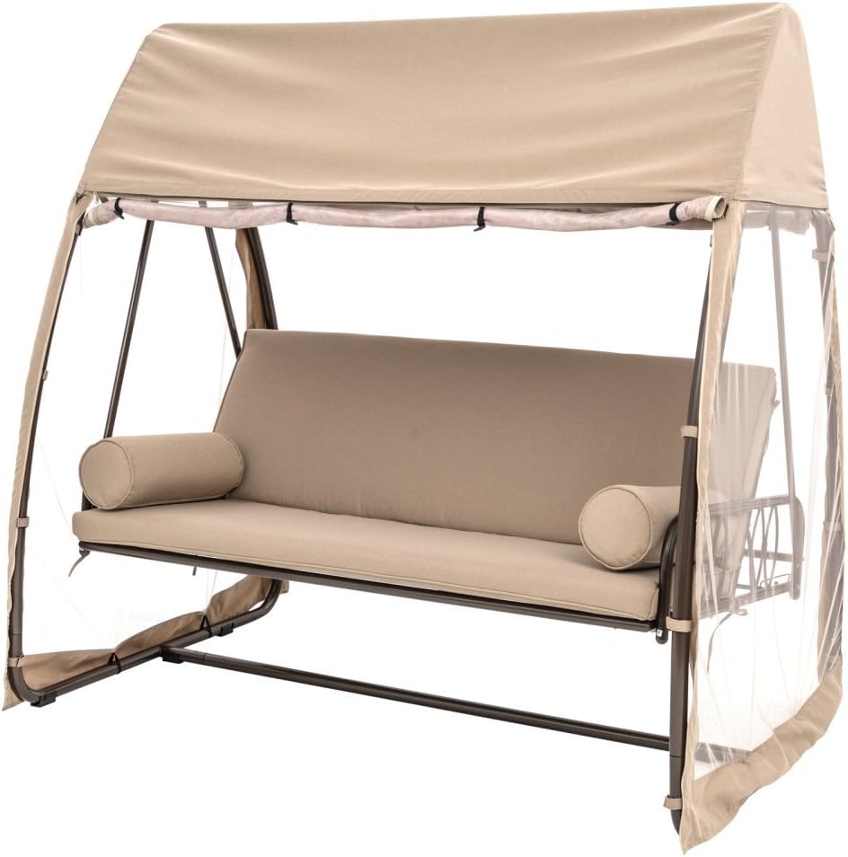 Backyard Patio Seat with Mosquito Netting - TrueShade Plus Swinging Seat Bench with Pillows, Armrests, Mosquito Netting (7'L x 4'5"W x 6'7"H ) Heather Beige