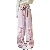 Dynict Y2K Bow Tie Jeans for Women Baggy Casual Wide Leg Pants Kawaii Straight High Waist Drawstring Pink Trousers