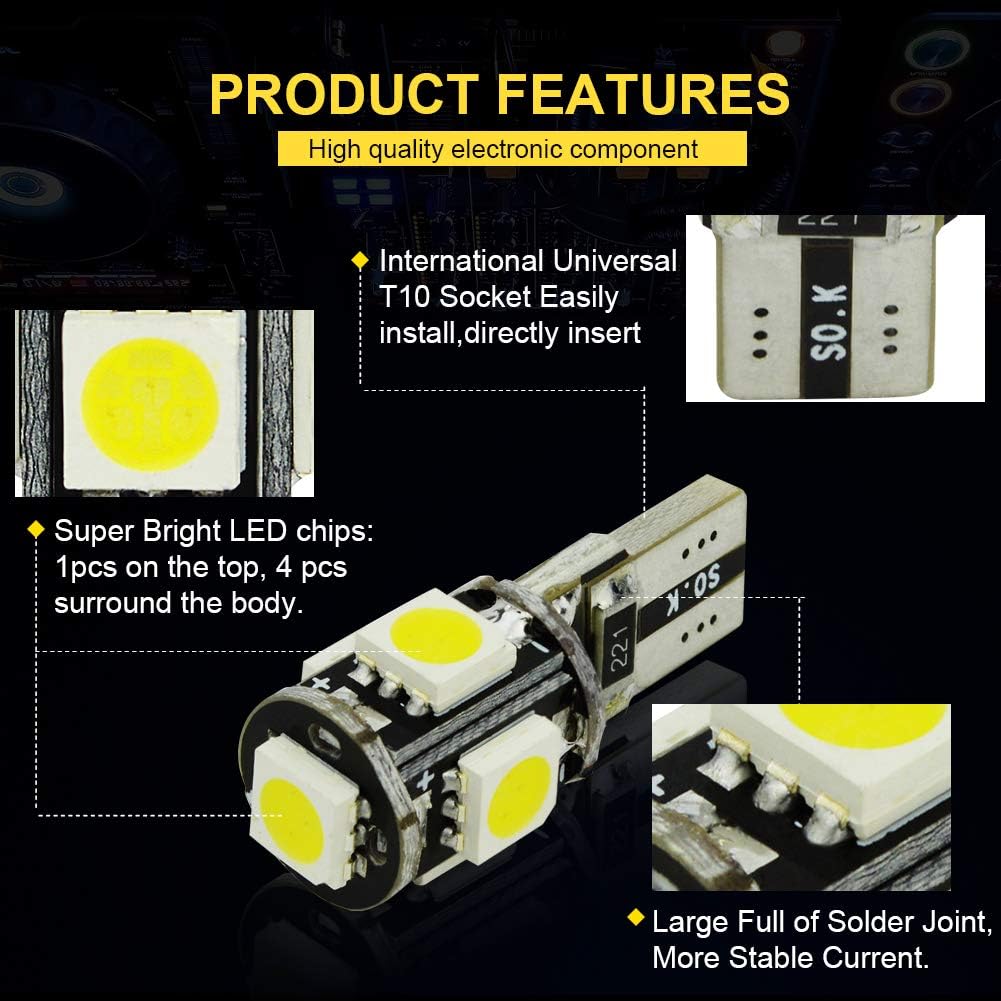 Safego W5W LED Bulb 501 T10 LED Bulbs CANBUS Error Free Car Light Super Bright White 5SMD 5050 194 168 2825 Wedge Replacement for Car Interior Dashboard License Plate Sidelights Bulbs 12V 10PCS - Image 4