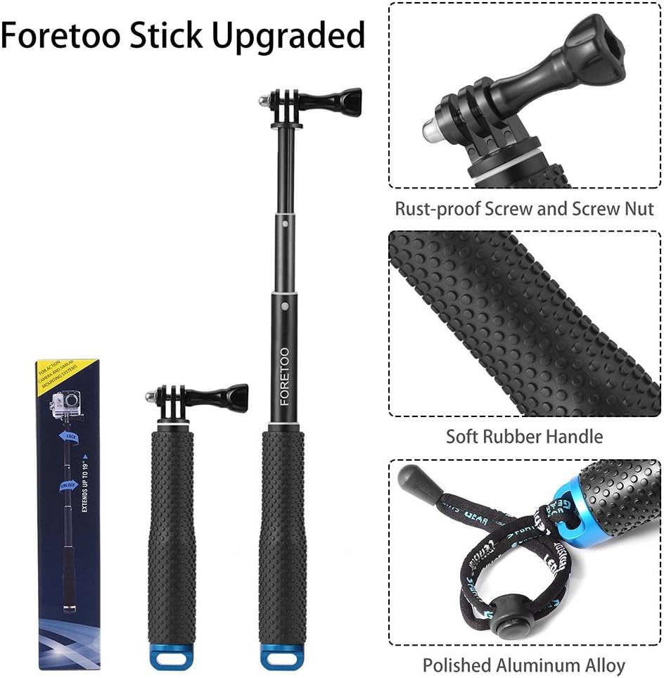 Foretoo Selfie Stick for GoPro,19”Waterproof Hand Grip Adjustable Extension Monopod Pole for Gopro Hero 6 5 4 3+3 2 1 AKASO, Xiaomi Yi,SJCAM SJ4000 SJ5000 SJ6000 (with Wrist Strap and Screw)