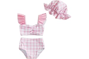 Emmababy Toddler Girl Bikini Set Plaid Print Swimsuit Flutter Sleeves Tank Tops Shorts and Hat Bathing Suits 3 Pcs Beachwear