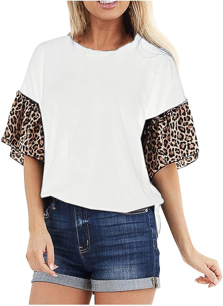 YUEZIHUAHUA Women Short Bell Sleeve Loose Leopard Print Blouse Ruffles Casual Color Block Tunic Tops Pullover
