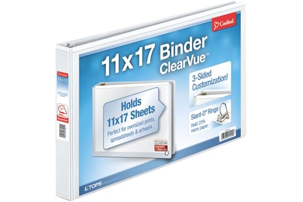 Cardinal Binders 3 Ring, 1 Inch D-Ring, ClearVue for 11 x 17 Inch Tabloid Documents, White, Holds 240 Sheets, Non-Stick Archi