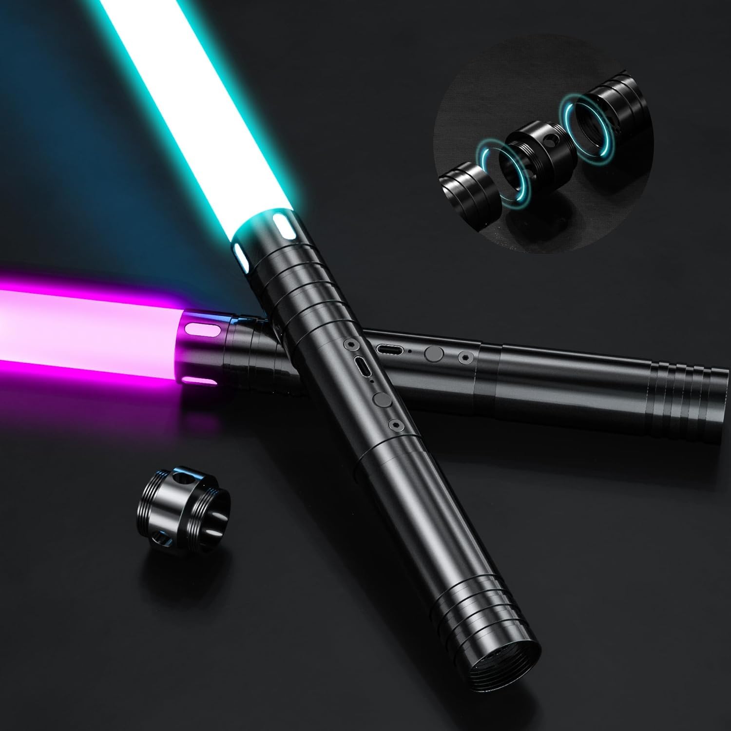 Airmsa Laserschwert Kinder, Lichtschwert RGB 15 Farben, USB wiederaufladbare Licht Schwert mit FX Sound, Lichtschwert Schwert Spielzeug für Kinder, Halloween, Galaxy Krieg Kämpfer Cosplay (60cm 2PC)