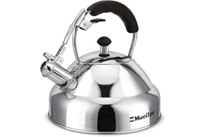 MUELLER AUSTRIA Stove Top Whistling Tea Kettle - Only Culinary Grade Stainless Steel Teapot with Cool Touch Ergonomic Handle and Straight Pour Spout - Tea Maker Infuser Strainer Included