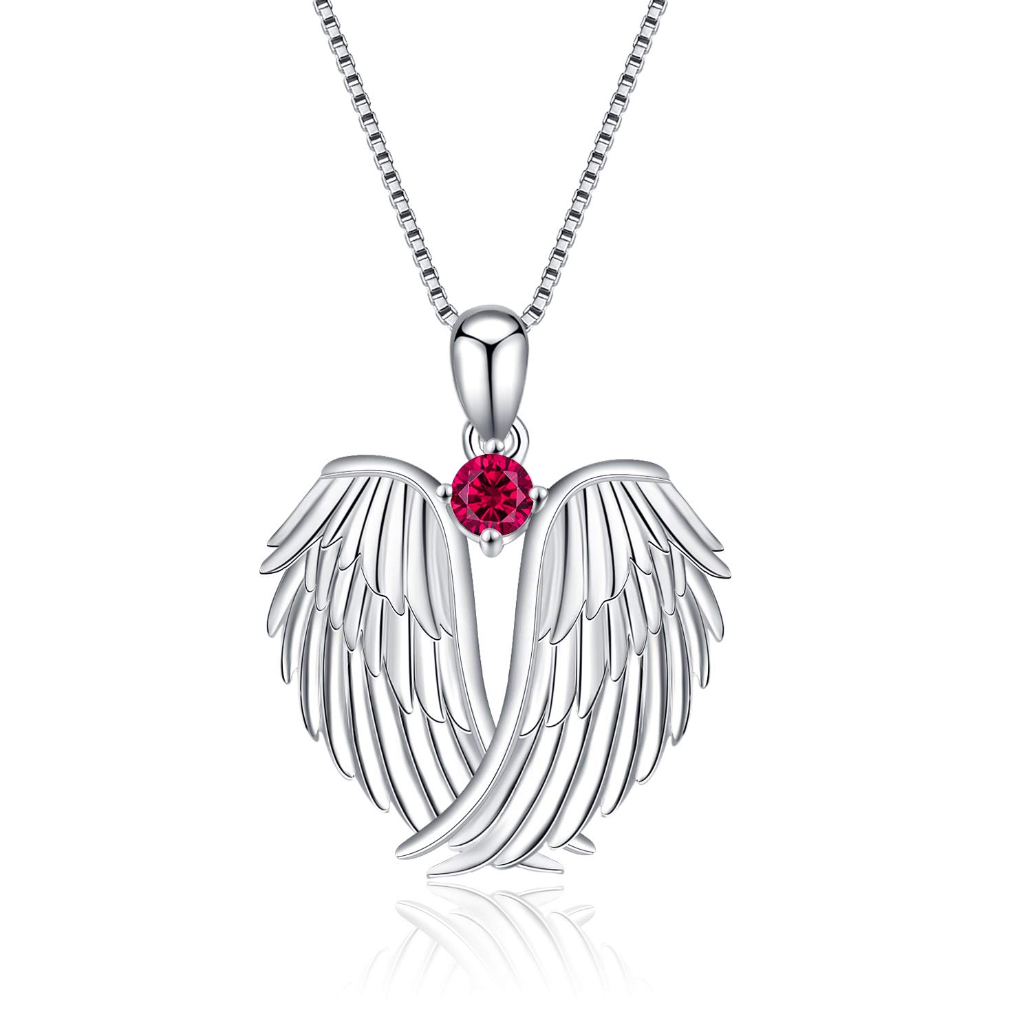 VONALA Guardian Angel Wings Necklace Sterling Silver Pendant with Sparkle Cubic Zirconia Jewellery For Women Girls Birthday Gift Birhstone July