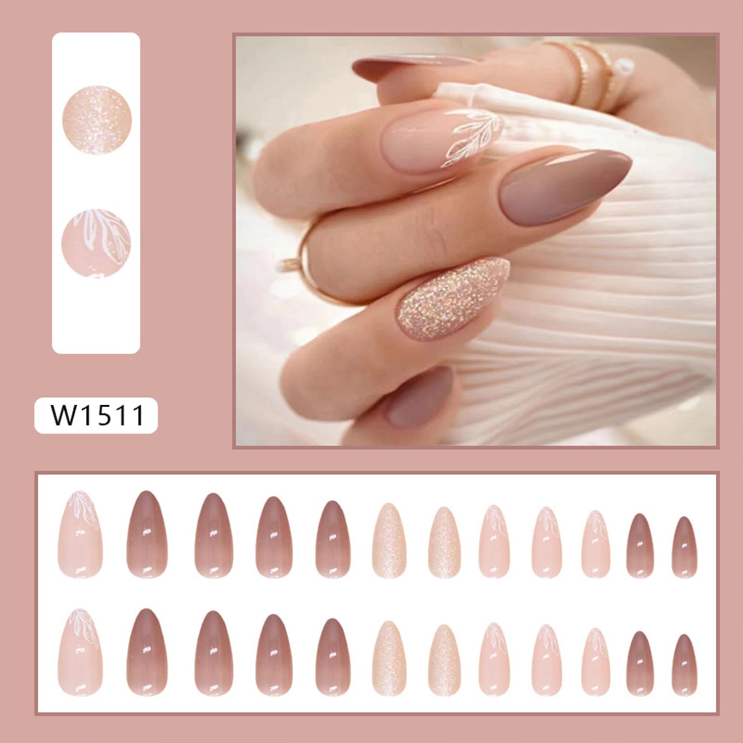 Tyuimhx 24Pcs Medium Almond Press on Nails Nude Fake Nail With Leaf Designs Glitter False Nails Glossy Full Cover Stick on Nails Acrylic Reusable Artificial Glue on Nail for Women - Image 2