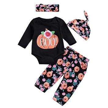 Baby Kind Mädchen Strampler Set BOO Brief Kürbis Druck Overall + Floral Pants + Cap + Stirnband Halloween Anzug 4 teile/satz 