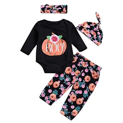 Yonimu Baby Mädchen Boo Kürbis Strampler Strampler Set, Overall + Floral Hosen + Cap + Stirnband Anzug für Kleinkind