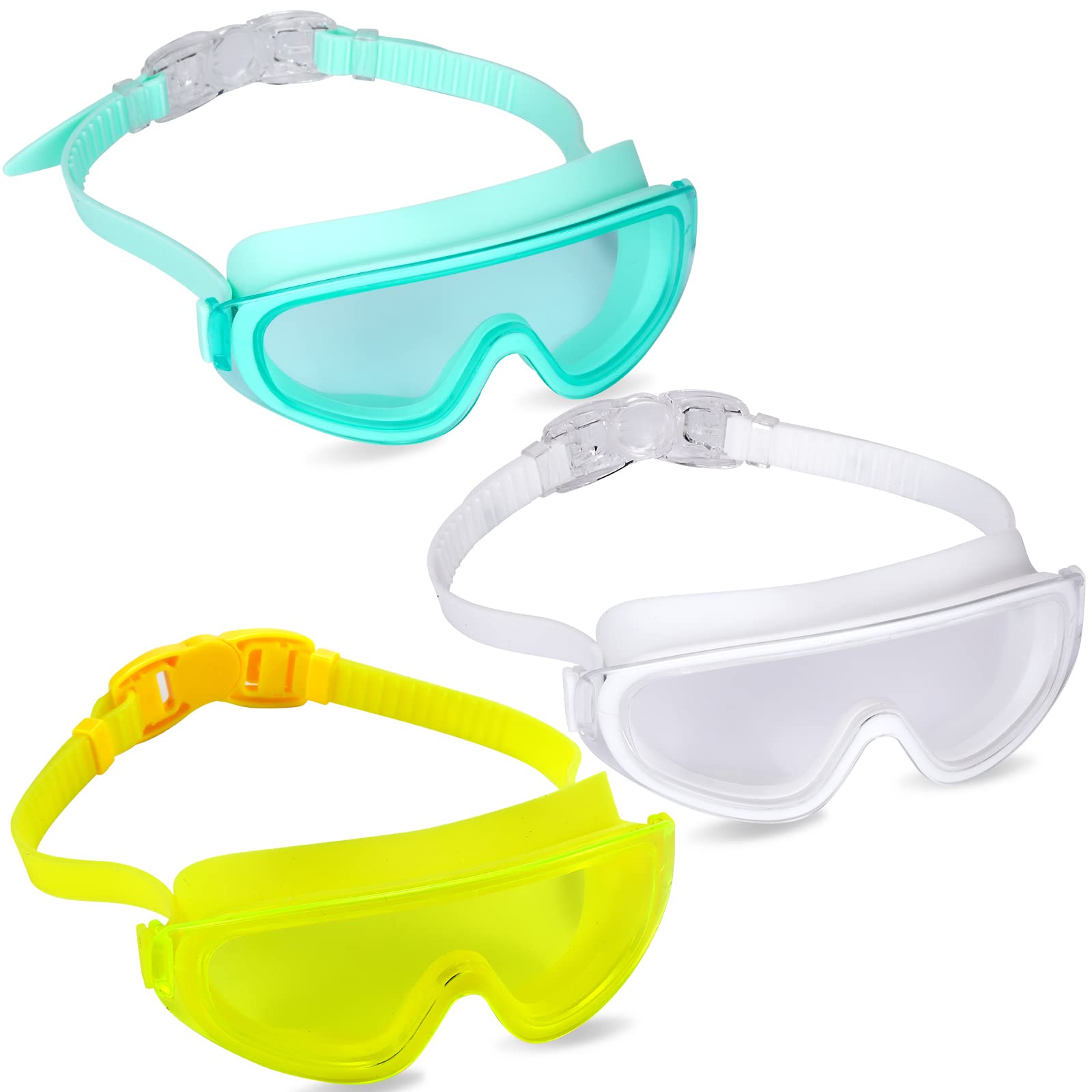 Yizerel 3 Pack Kids Swim Goggles, Swimming Glasses with One-Piece Wide Vision Lens for Children and Early Teens from 3 to 15 Years Old, Anti-Fog, Waterproof, UV Protection (Set of 3)