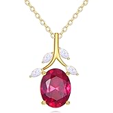 Rikelus 14K Solid Gold Ruby Necklaces for Women, Flower Shaped 2 Carat Oval Created Ruby Pendant Birthstone Gemstone Anniversary Birthday Mother's Day Jewelry Gifts for Her Wife Mom 16''-18''