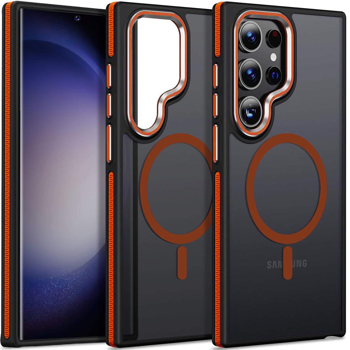MALEWOLF Magnetic Samsung Galaxy S22 Ultra Case Fits for Magsafe, Ultra Thin Cover [Color-Blocking Antislip Edge] Matte Translucent Back Shockproof Protective Case for Galaxy S22 Ultra (Black/Orange)