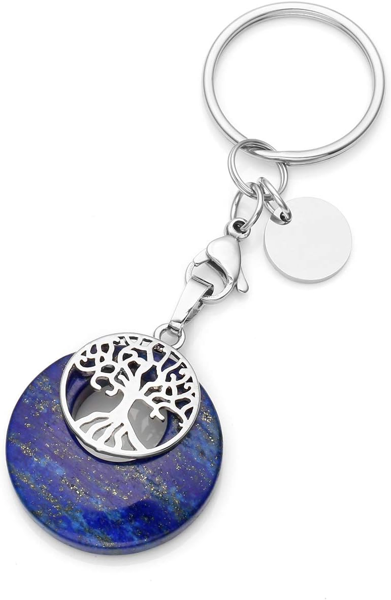 JSDDE Schmuck Natur Edelstein Schlüsselanhänger Lebensbaum Schlüsselring Taschenanhänger Chakra Yoga Energie Heilstein Glückbringer Keychain (Lapislazuli)