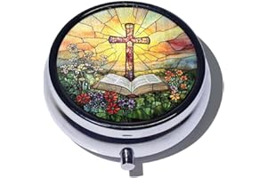 3 Compartment Stained Glass Cross & Daily Small Pill Case for Purse, Christian Portable Travel Pill Box Mini Medicine Organiz