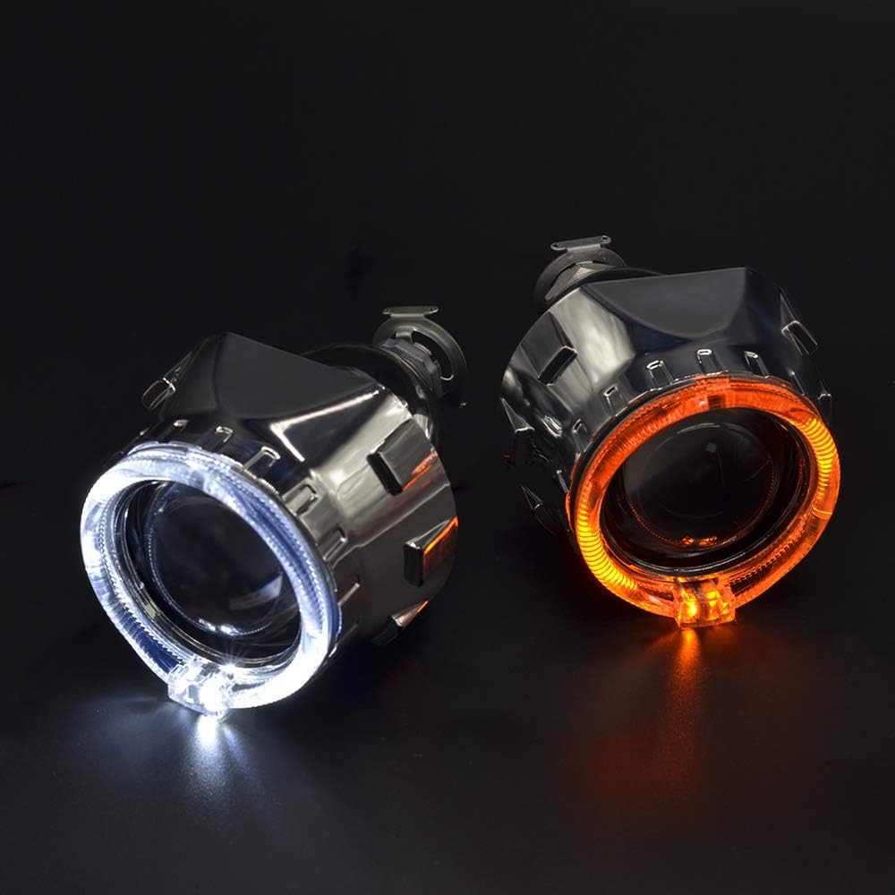 YUFANYA 2.5 Inch Bixenon Projector Lens with White Amber LED Angel Eyes Hi/Lo Beam Chrome Shrouds Mini H1 Car Headlight Fit H1 H4 H7 Car Motorcycle (projector lens & white amber led angel eyes)