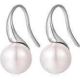 Jiamiaoi 18k White Gold Plated Pearl Earrings,925 Sterling Silver Pearl Drop Earrings for Women,Trendy Hook Jewelry