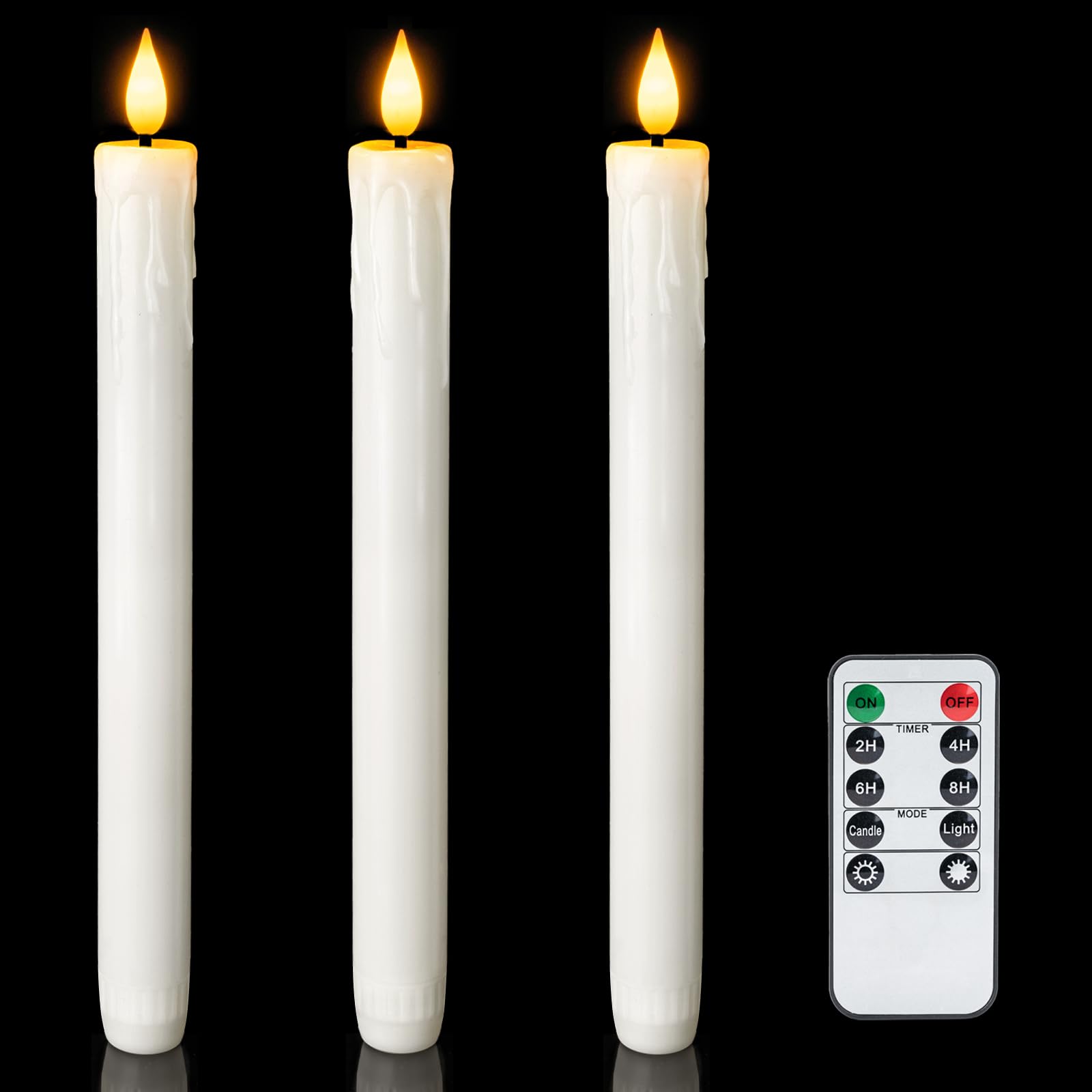 Photo 1 of Homemory 3 Pcs Real Wax Flameless Taper Candles with Remote Timer and Dimmer, Battery Operated Candlesticks with Flickering Light, White Window Candles, 9.6 Inches for for Wedding Home Decor