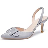 Coutgo Womens Slingback Heels Kitten Heel Pumps Dress Shoes Sling Back Closed Pointed Toe Suede Wedding Party Sandals